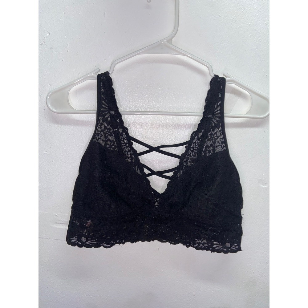 Victorias Secret PINK Black Lace Bralette Strappy V-Neck Coquette Longline Sz M